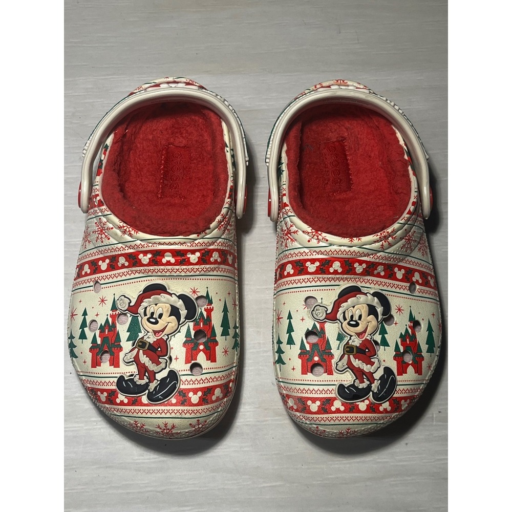Crocs Disney Mickey Mouse Christmas Holiday Fuzz Lined Clogs Cream Red Size C10